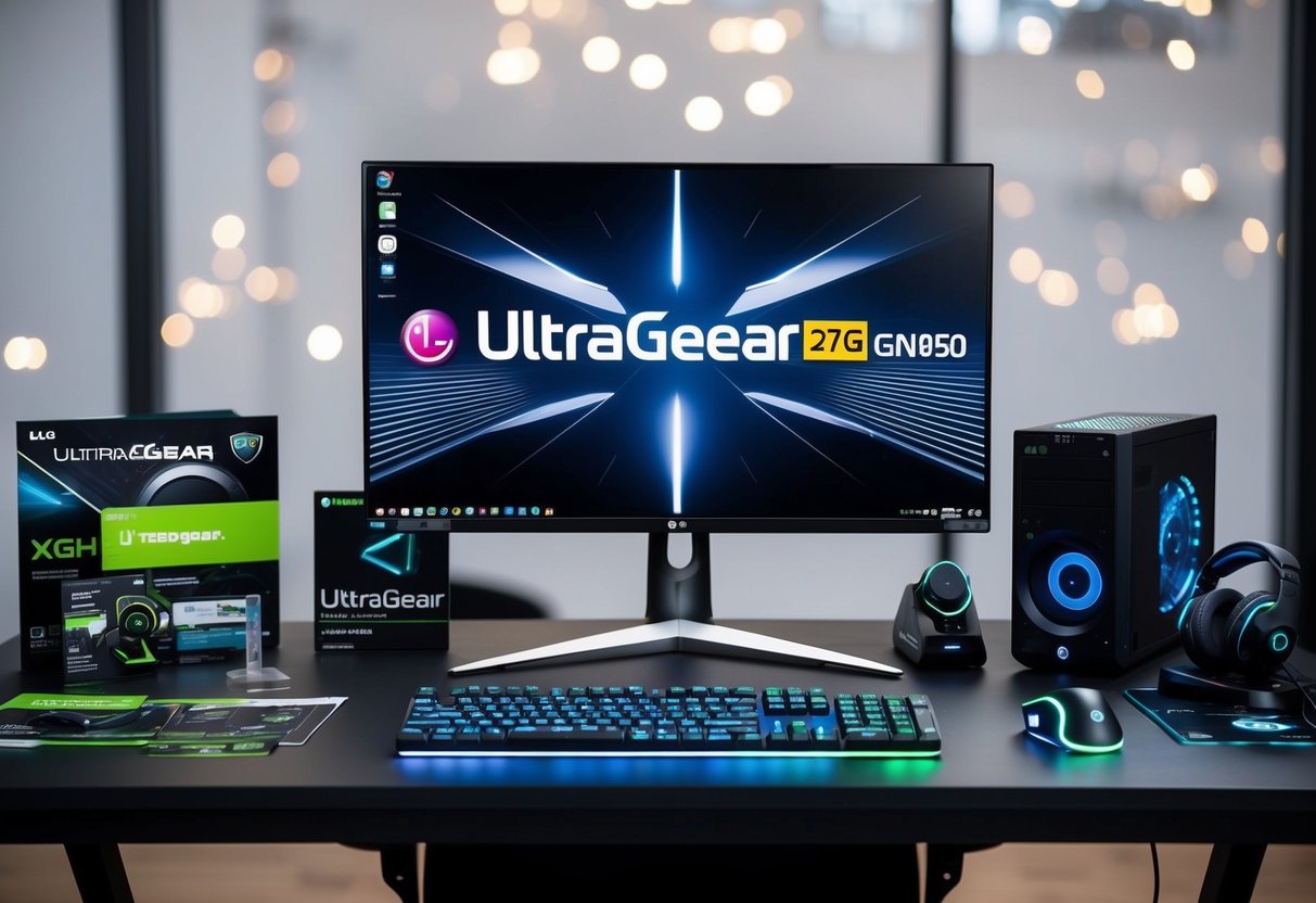 A sleek, modern desk setup with the LG UltraGear 27GN950 monitor as the centerpiece, surrounded by promotional materials and gaming accessories