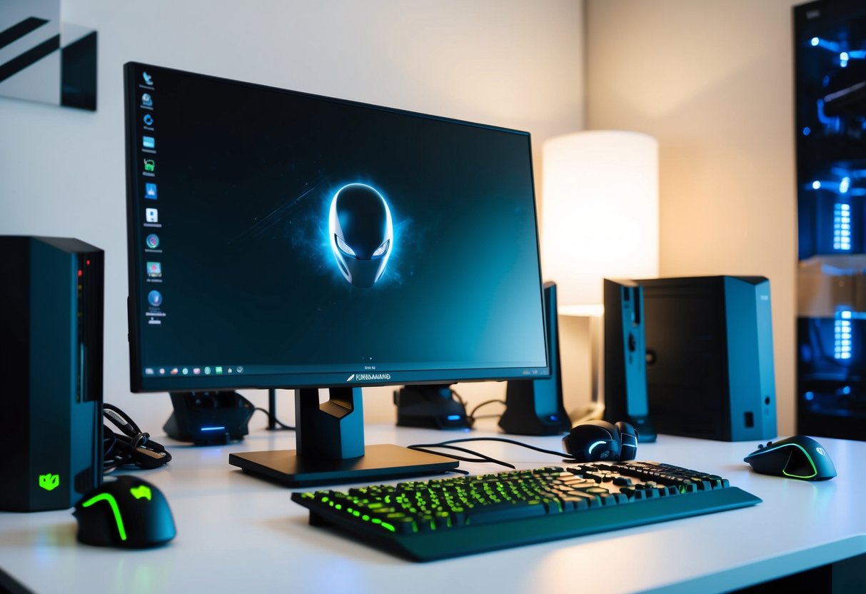 A sleek, modern desk setup with the Dell Alienware AW2521H monitor as the focal point, surrounded by gaming peripherals and futuristic decor