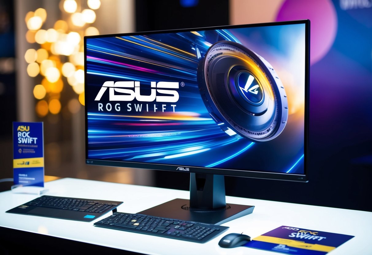A sleek ASUS ROG Swift PG259QN monitor displayed with promotional materials and vibrant lighting