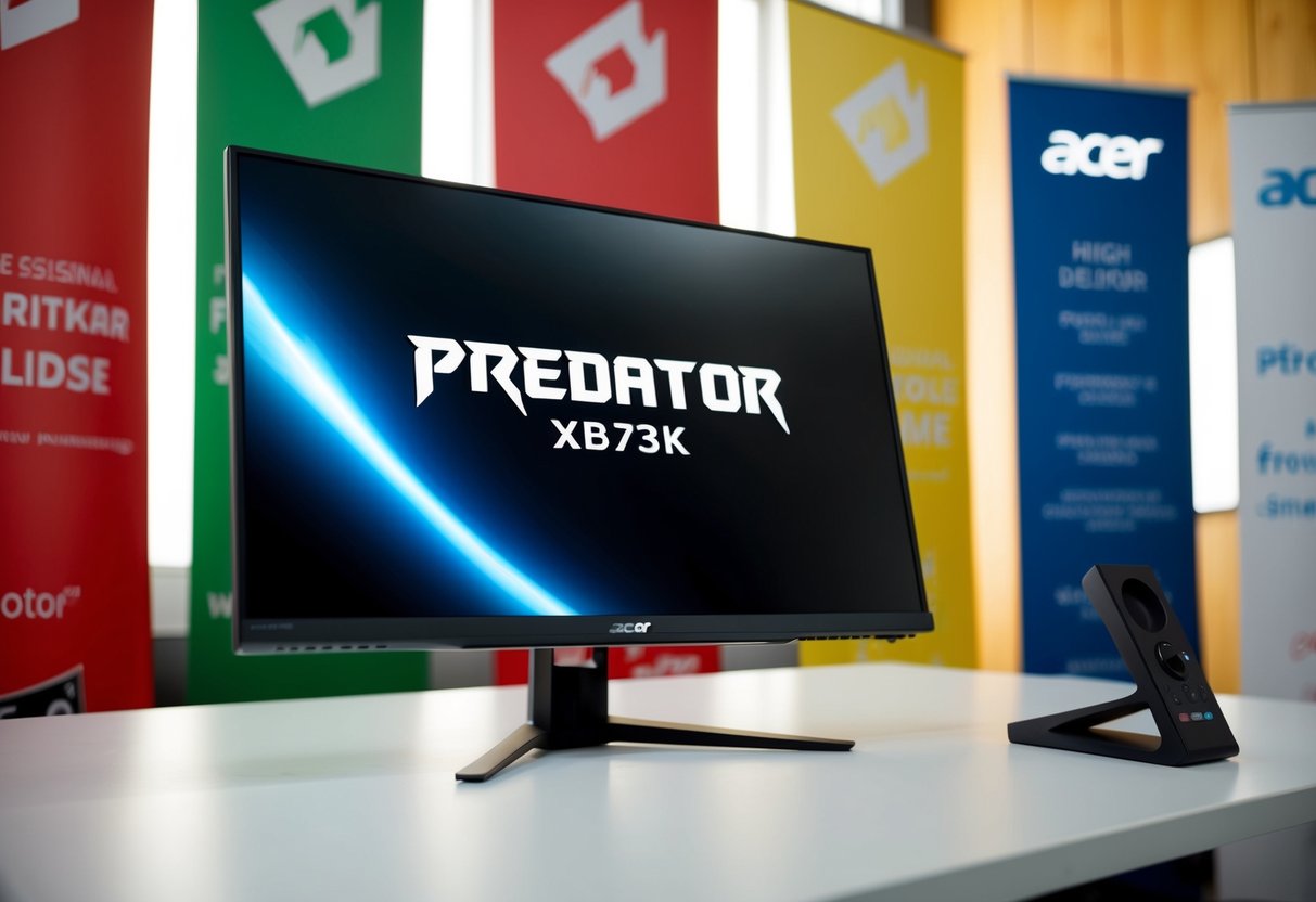 A sleek Acer Predator XB273K monitor surrounded by promotional banners and logos