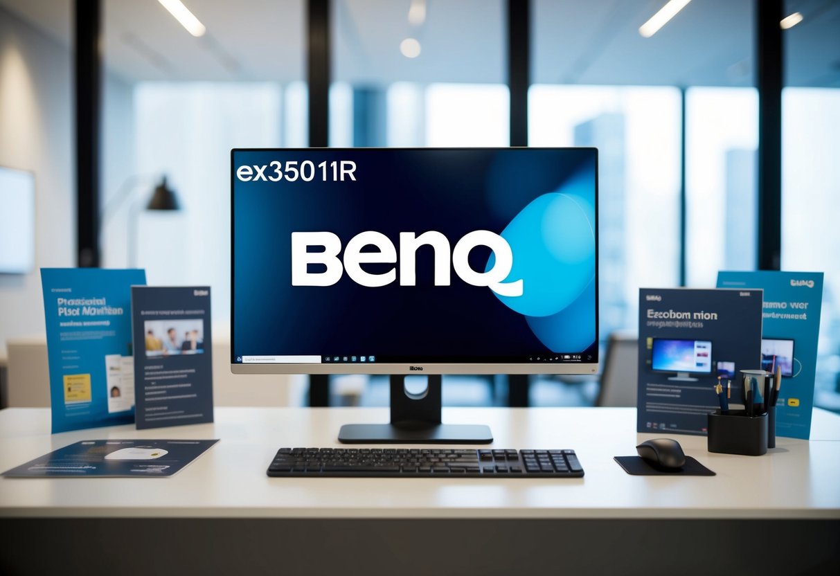 A sleek, modern office desk with the BenQ EX3501R monitor as the focal point, surrounded by promotional materials and a professional setting
