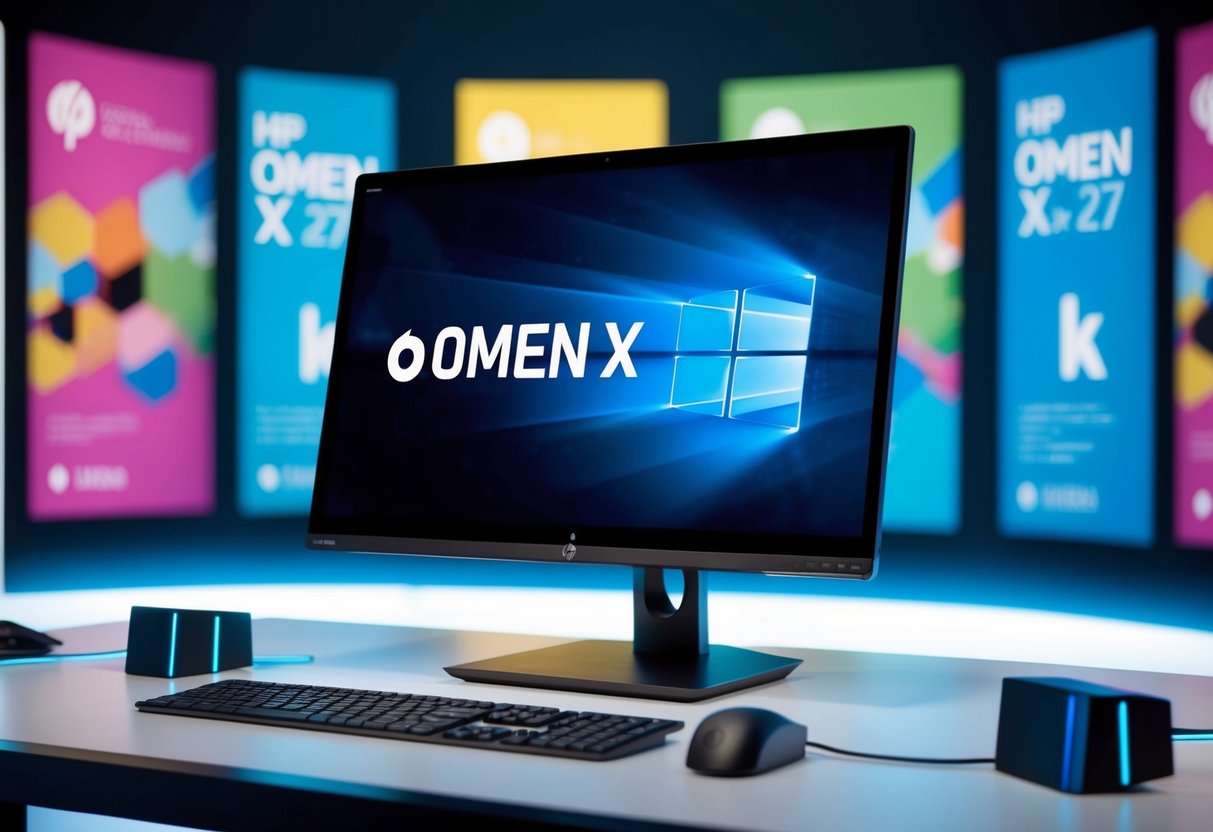 A sleek HP Omen X 27 monitor sits on a futuristic desk, surrounded by vibrant promotional graphics and surrounded by a halo of light