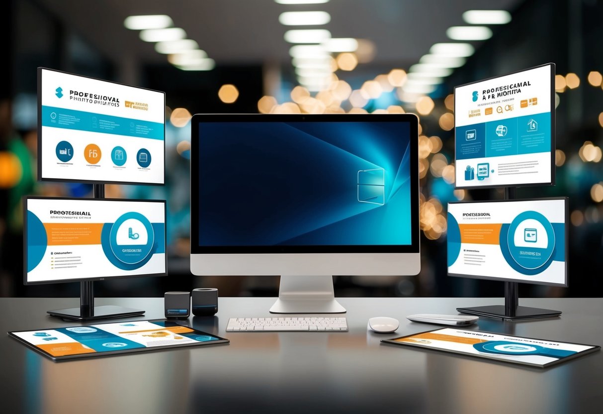 A sleek, modern monitor surrounded by promotional graphics and logos