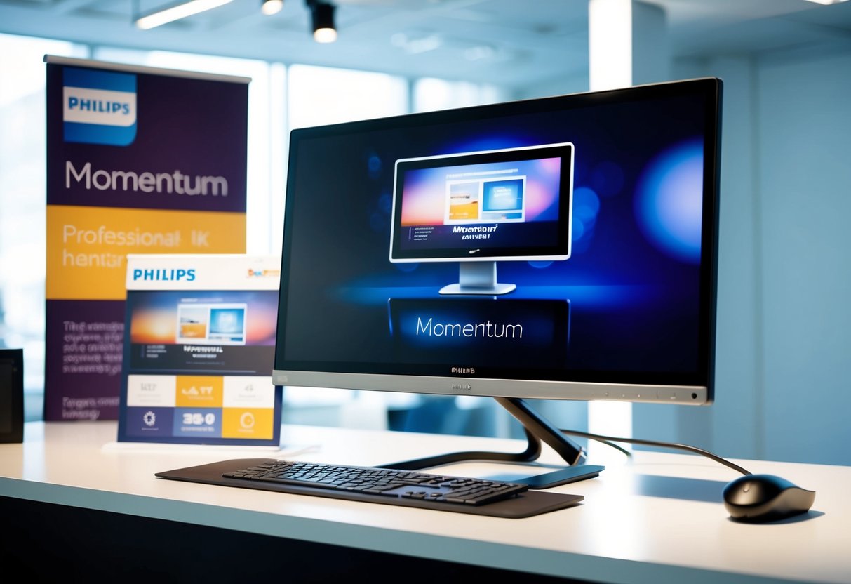 A sleek and modern Philips Momentum 558M1RY monitor displayed with promotional materials and bright lighting