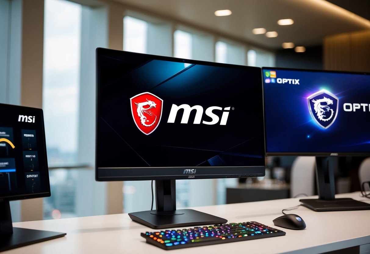A sleek MSI Optix MAG272QR monitor displayed with promotional graphics and logos in a modern, well-lit setting