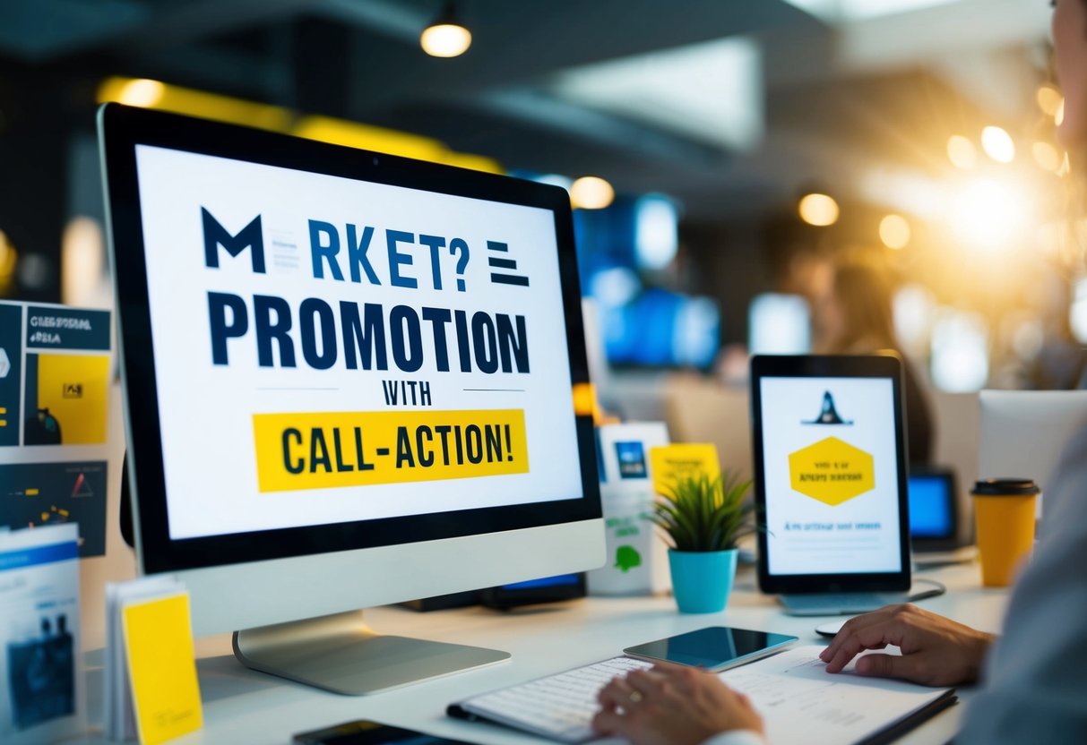 A brightly lit monitor displays promotional graphics with a bold call-to-action, surrounded by various marketing materials and products
