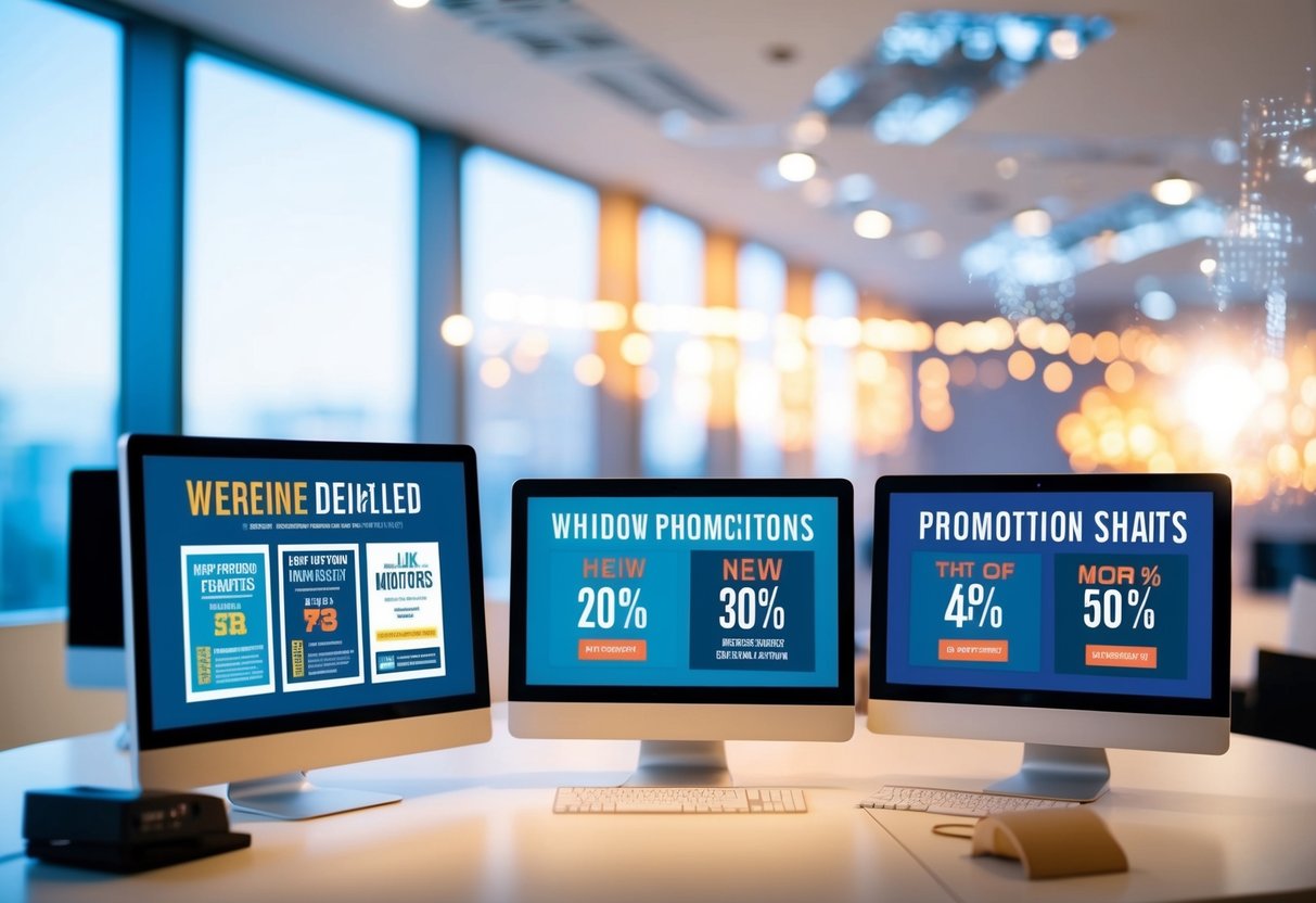 Various monitors displaying different promotions in a brightly lit room
