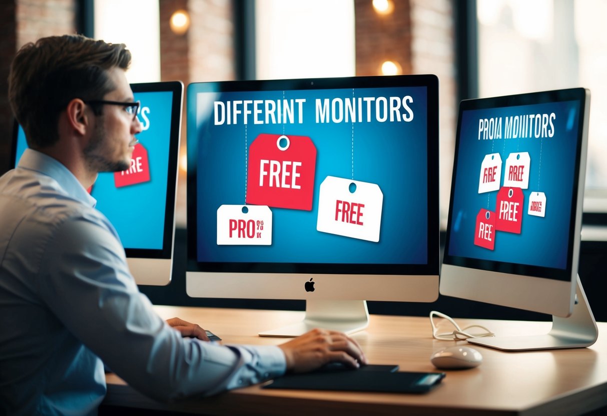 A person comparing different monitors with promotional tags displayed