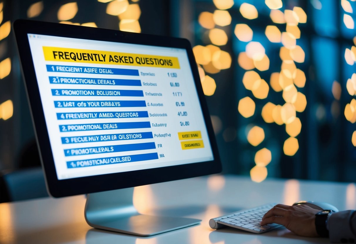 A computer screen displaying a list of frequently asked questions and promotional deals