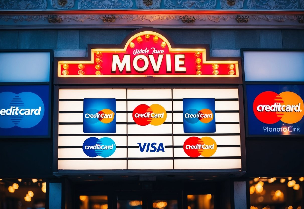 A movie theater marquee displaying credit card logos and promotional offers