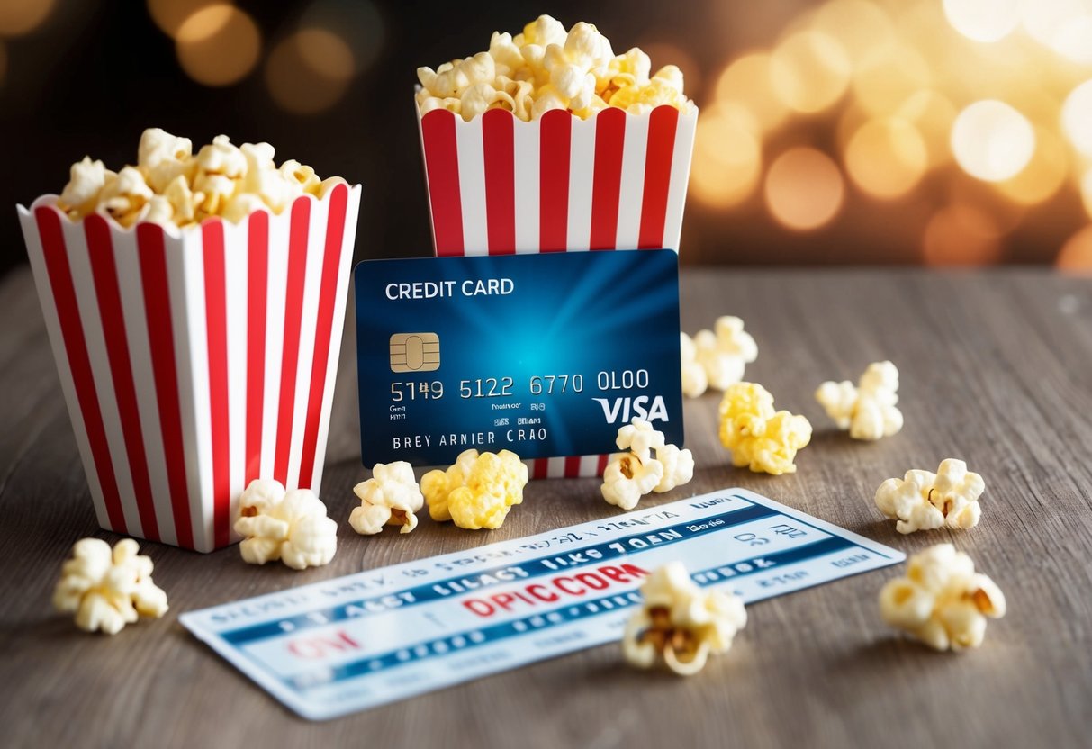 A credit card surrounded by movie tickets and popcorn