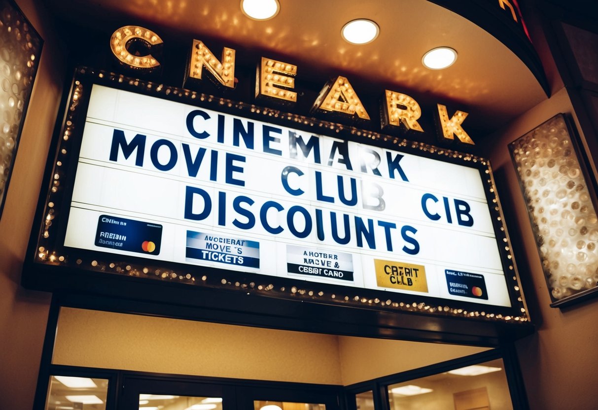 A movie theater marquee displaying "Cinemark Movie Club Discounts" with images of movie tickets and credit cards