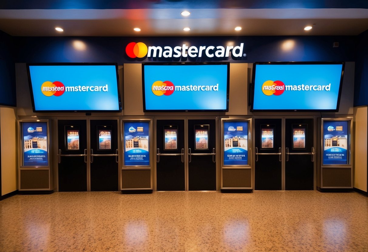A movie theater with a prominent display of Mastercard logos and movie promotions
