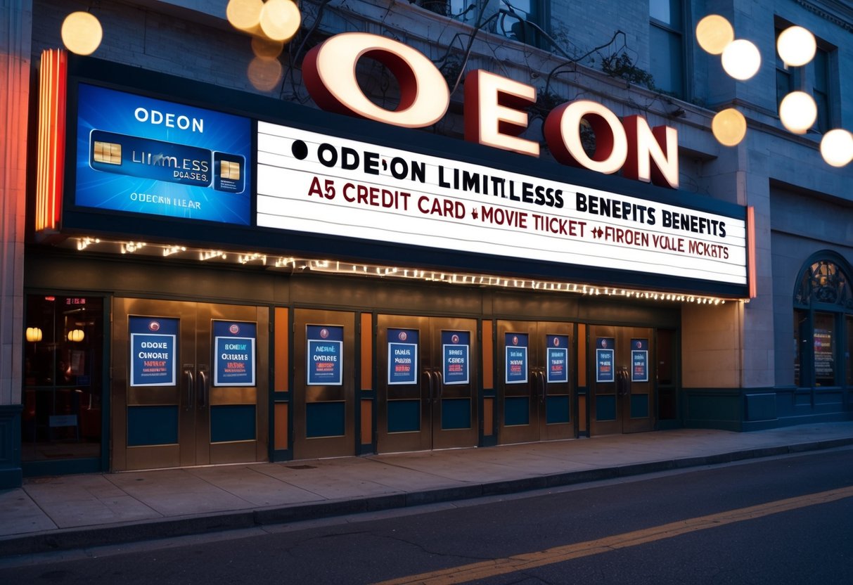 A movie theater marquee displays Odeon Limitless Benefits promotions with a credit card and movie tickets