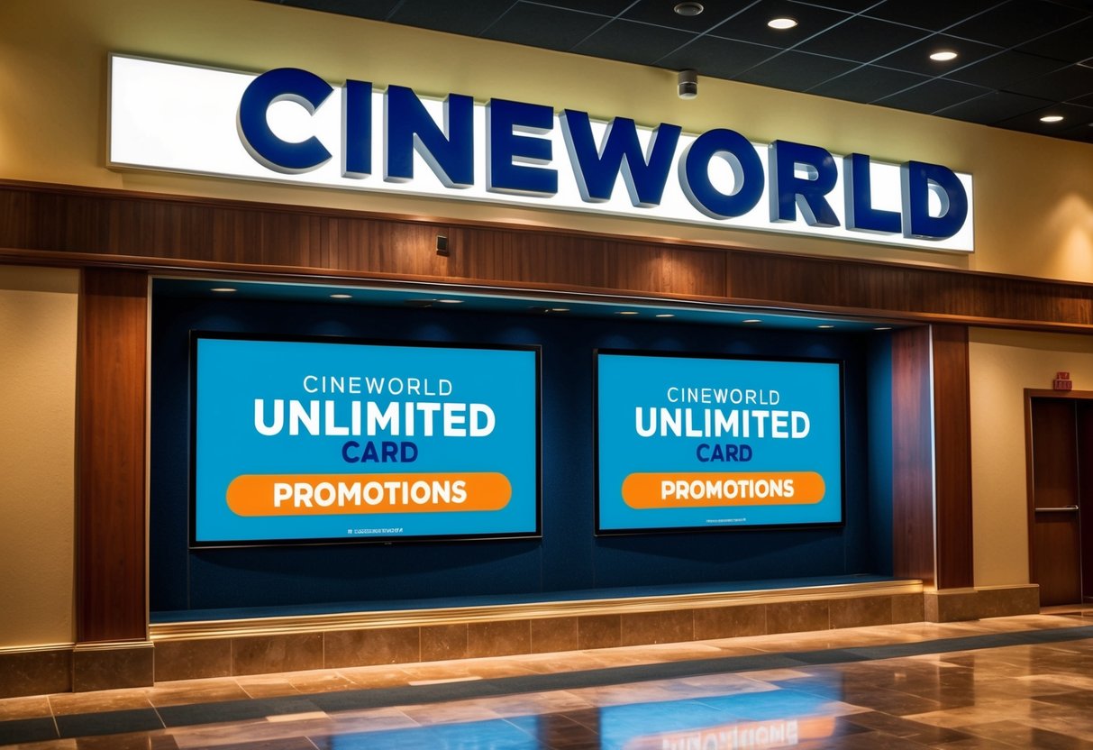 A movie theater with a prominent display of Cineworld Unlimited Card promotions