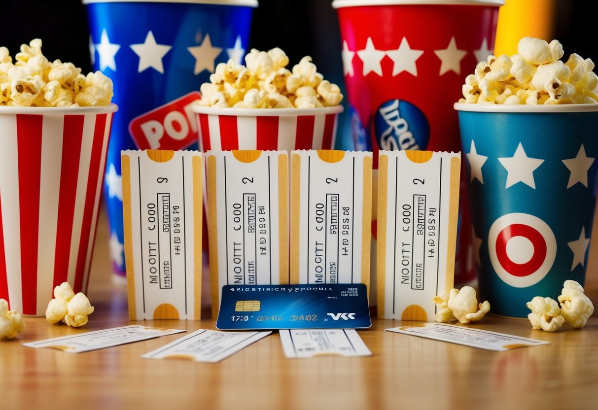 A row of movie ticket stubs and a credit card surrounded by popcorn and soda cups