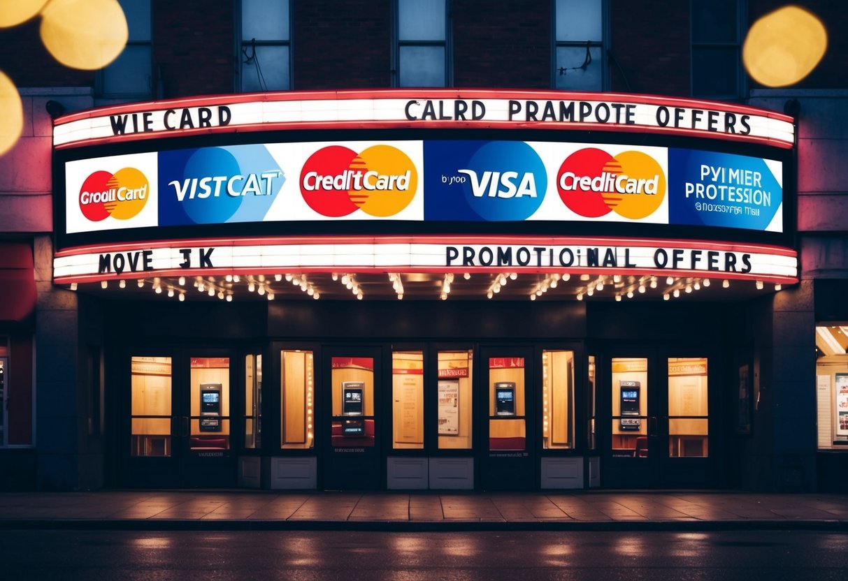 A movie theater marquee displays credit card logos with promotional offers