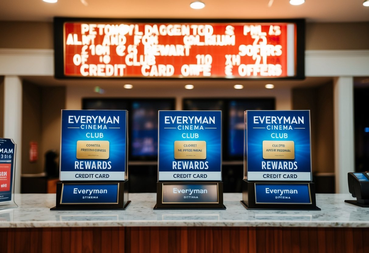 A movie theater ticket counter with promotional display of Everyman Cinema Club Rewards credit card offers
