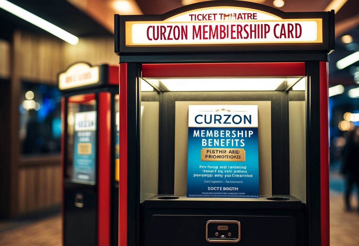 A movie theater ticket booth with a display of Curzon Membership Card benefits and promotions