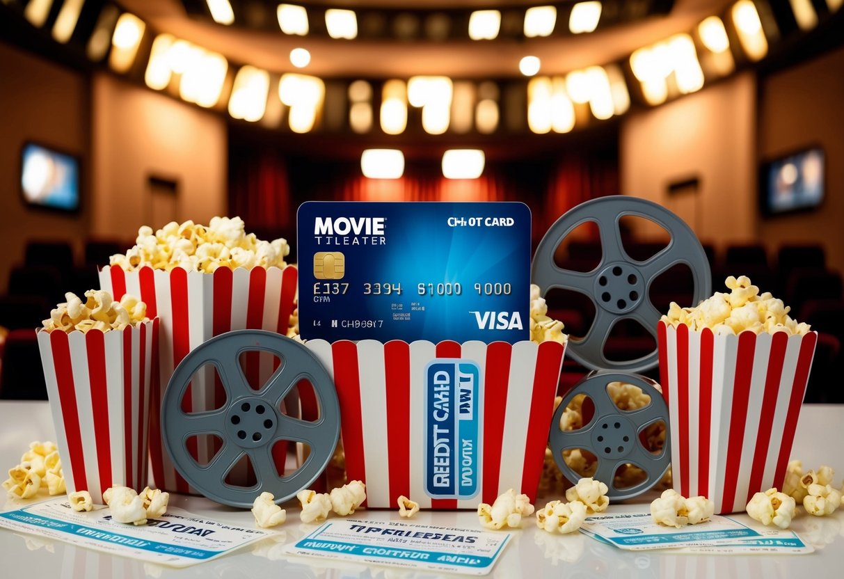 A movie theater surrounded by film reels, popcorn, and tickets, with a large movie credit card displayed prominently