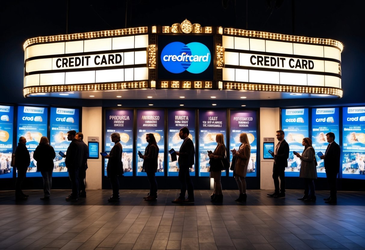A cinema marquee with a credit card logo, surrounded by movie posters and a line of people holding credit cards