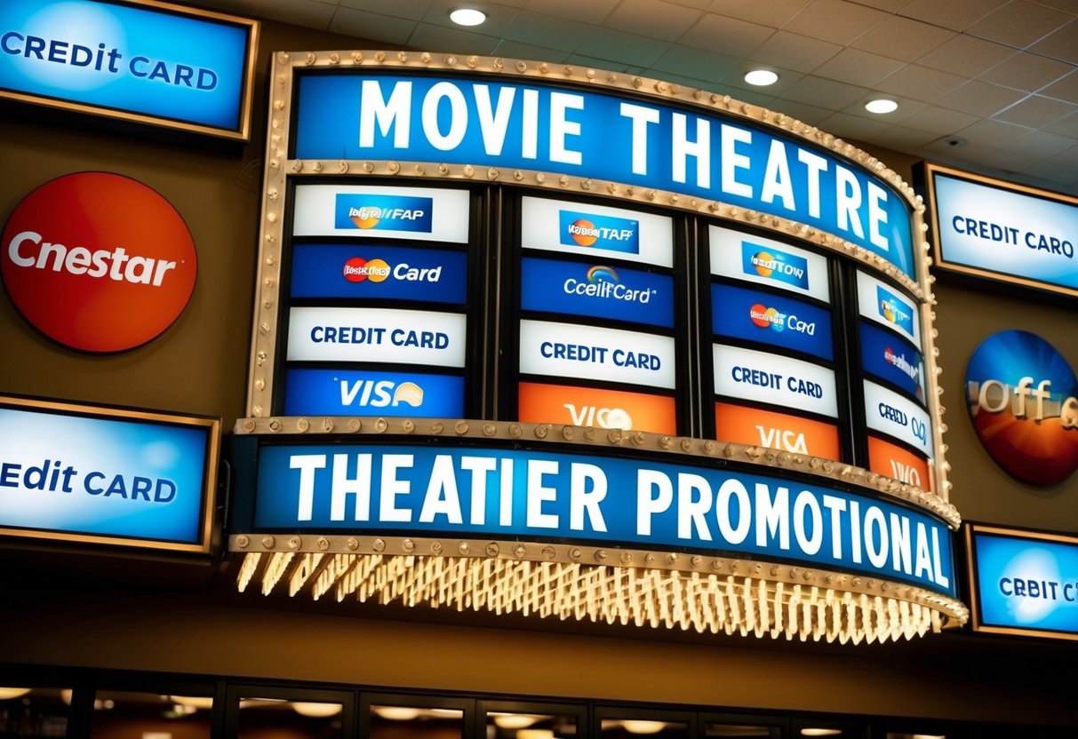 A movie theater marquee displaying multiple film titles with credit card logos and promotional offers