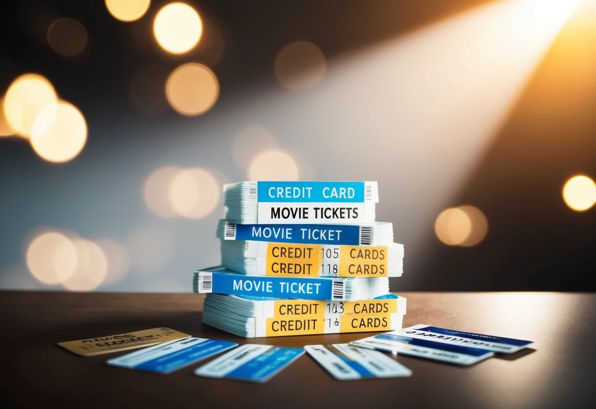 A stack of movie tickets and credit cards arranged on a table with a spotlight shining on them