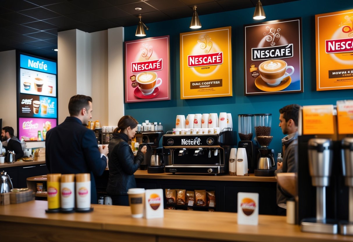 A bustling coffee shop with Nescafe branding, featuring colorful posters and eye-catching displays promoting the brand's products