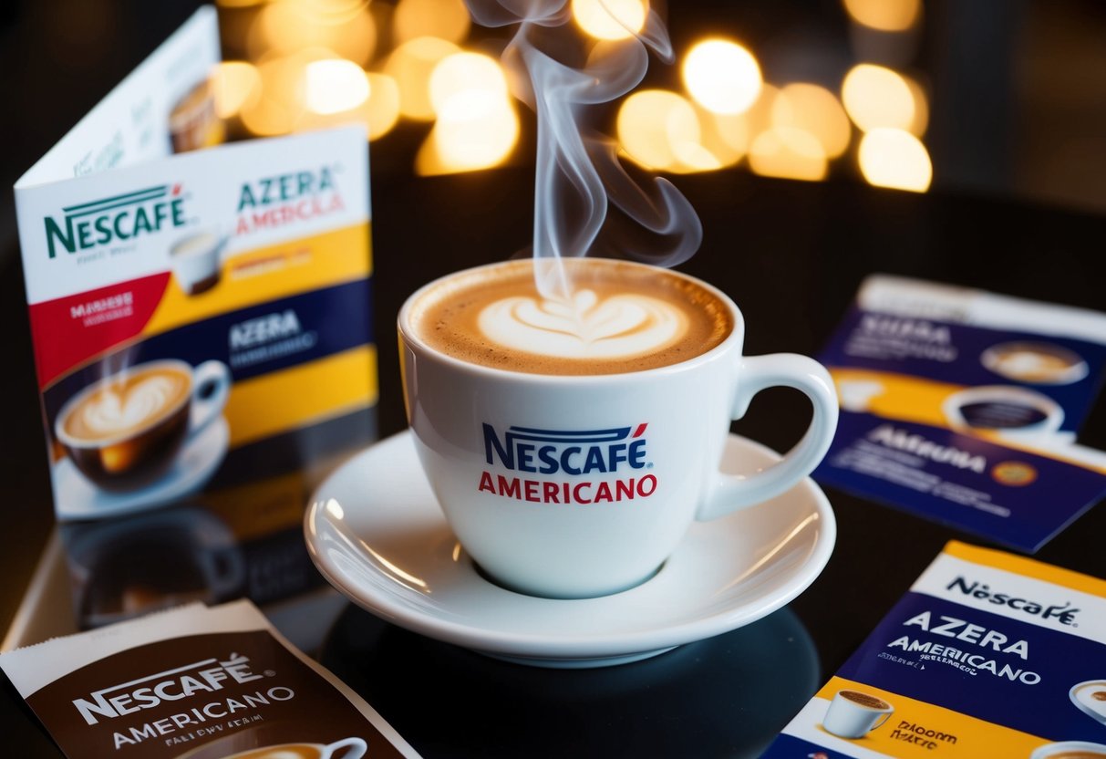 A steaming cup of Nescafé Azera Americano sits on a table surrounded by promotional materials and branding