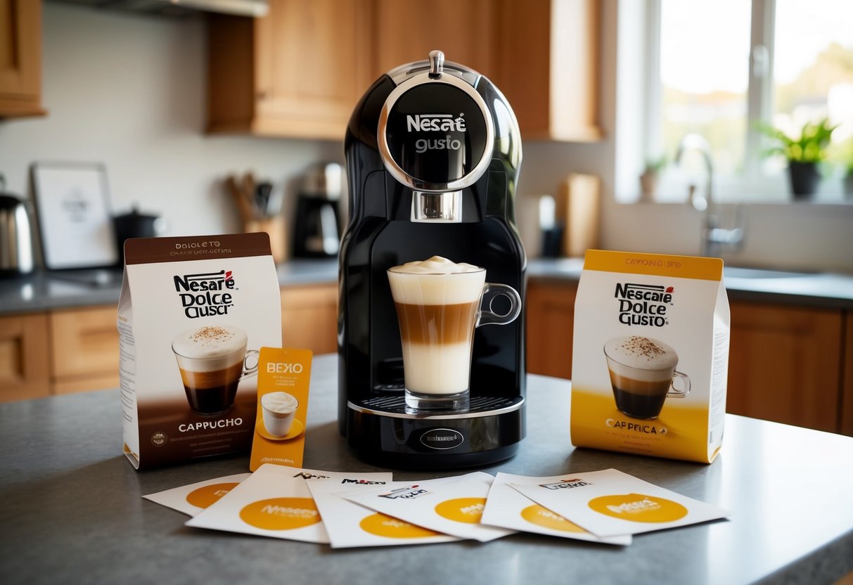 A cozy kitchen with a Nescafé Dolce Gusto Cappuccino machine surrounded by promotional materials