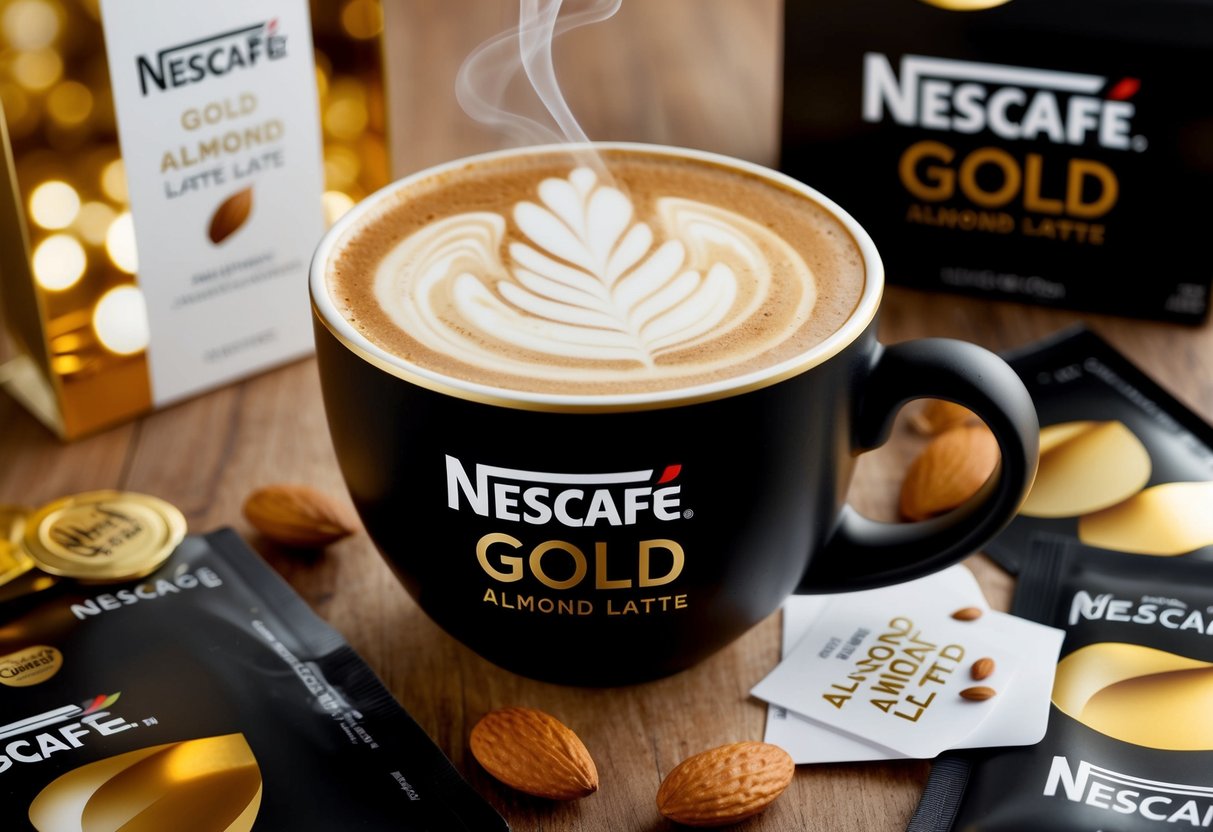 A steaming cup of Nescafé Gold Almond Latte surrounded by promotional materials and golden accents