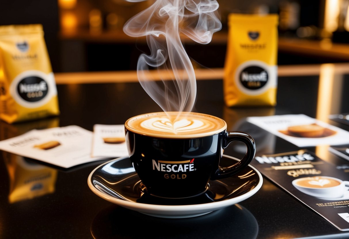 A steaming cup of Nescafé Gold Espresso sits on a sleek countertop, surrounded by promotional materials and a warm, inviting atmosphere