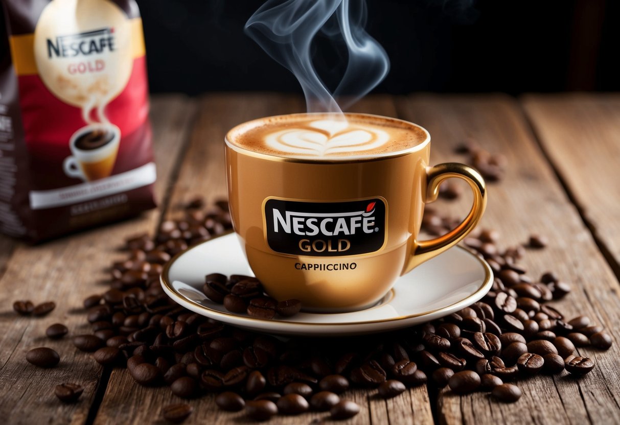A steaming cup of Nescafé Gold Cappuccino sits on a rustic wooden table, surrounded by coffee beans and a promotional banner
