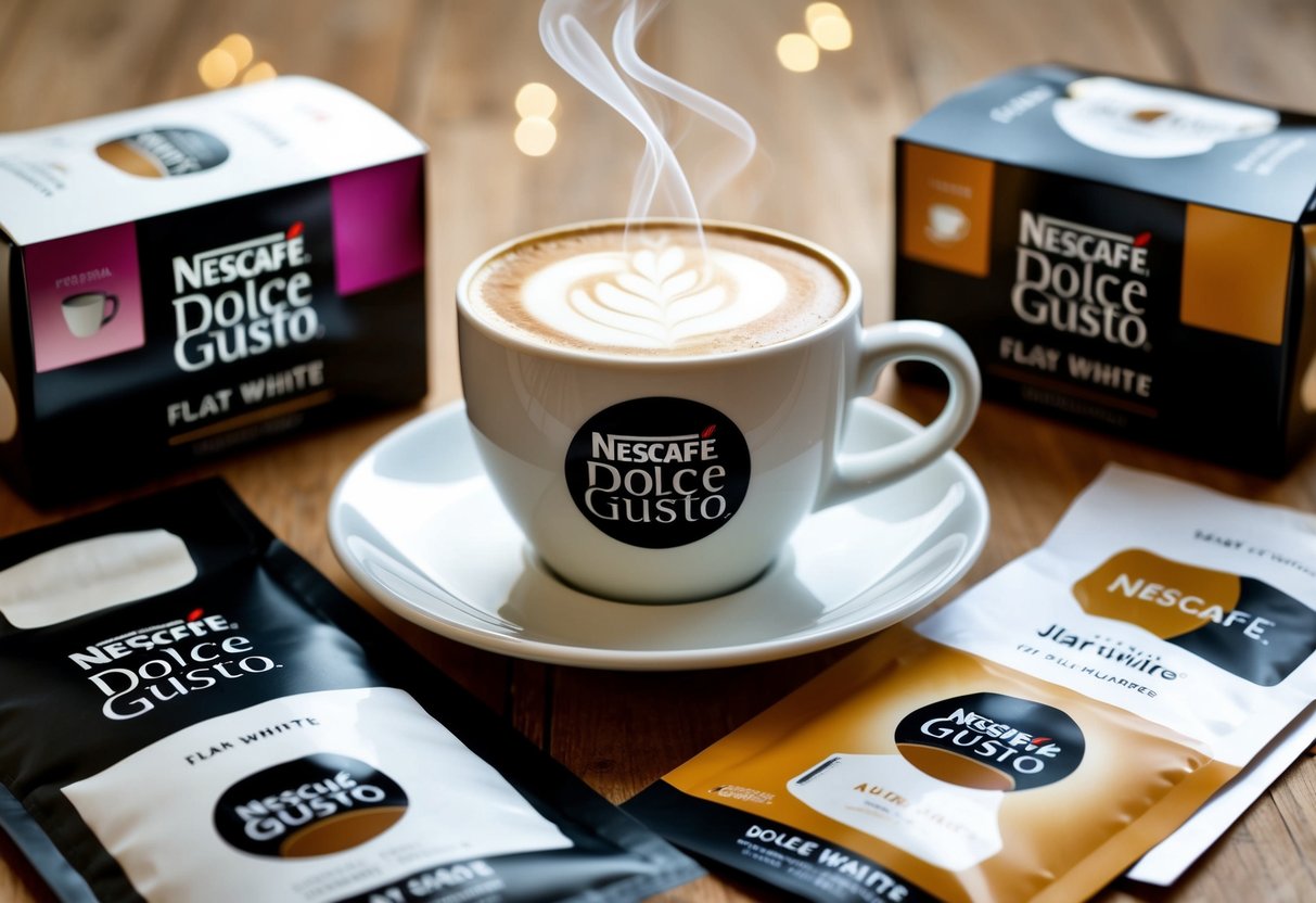 A steaming cup of Nescafé Dolce Gusto Flat White surrounded by promotional materials