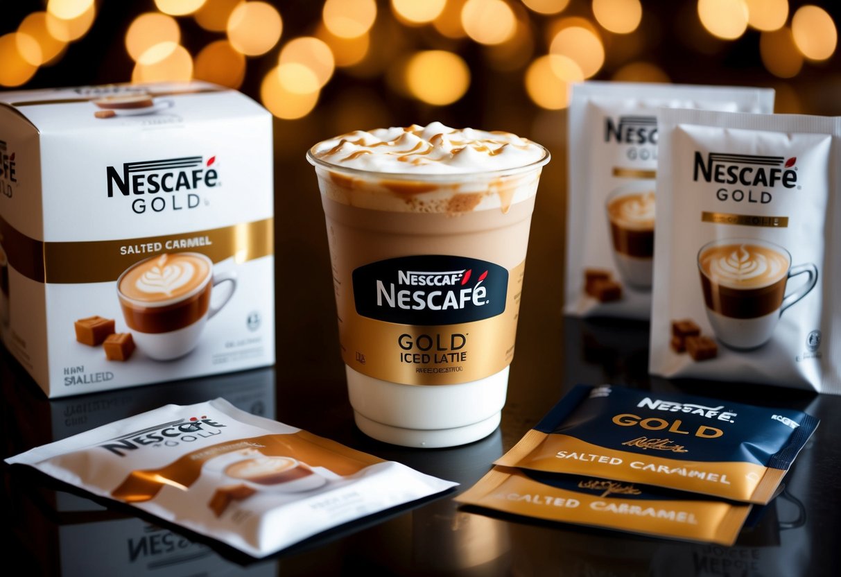 A refreshing Nescafé Gold Iced Latte Salted Caramel surrounded by promotional materials