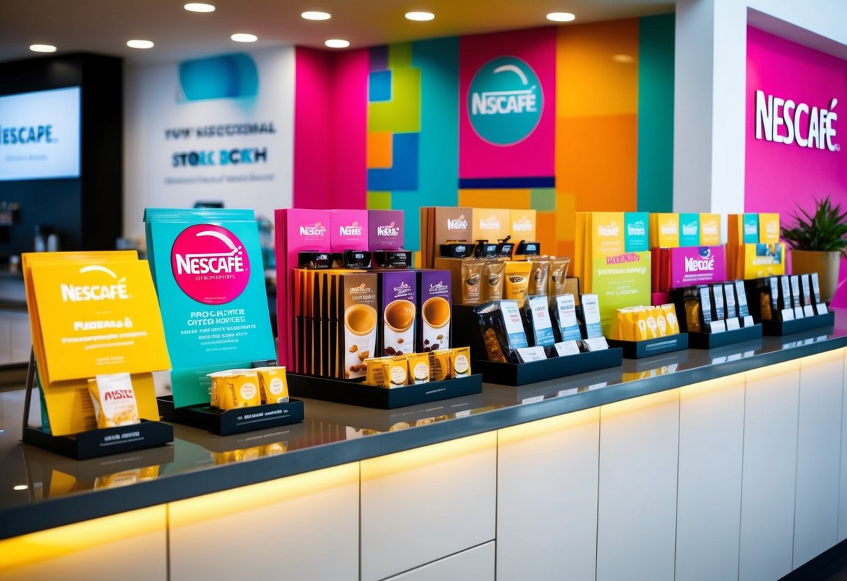 A vibrant Nescafé display with various promotional materials and products arranged on a sleek, modern countertop. Bright colors and enticing designs catch the eye