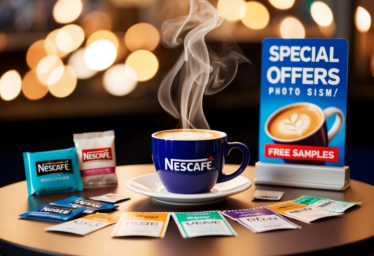 A steaming cup of Nescafé sits on a table surrounded by various promotional items such as discount coupons, free samples, and a sign advertising special offers
