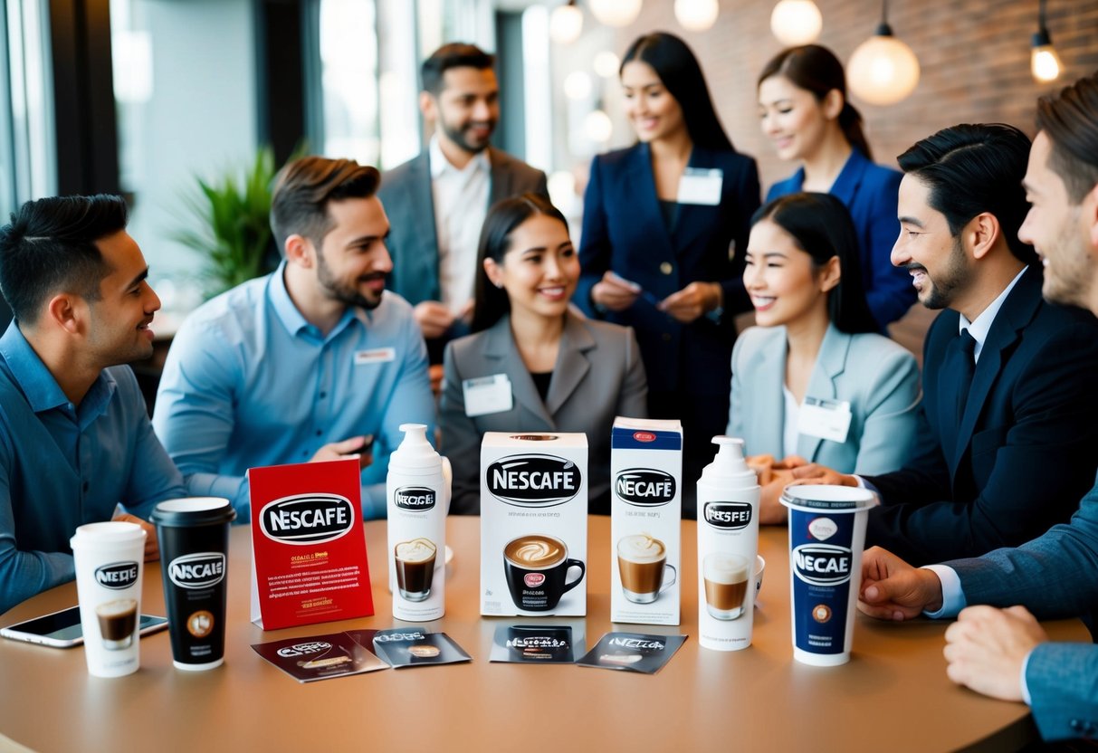 A table with Nescafe products and promotional materials, surrounded by customers asking questions to staff