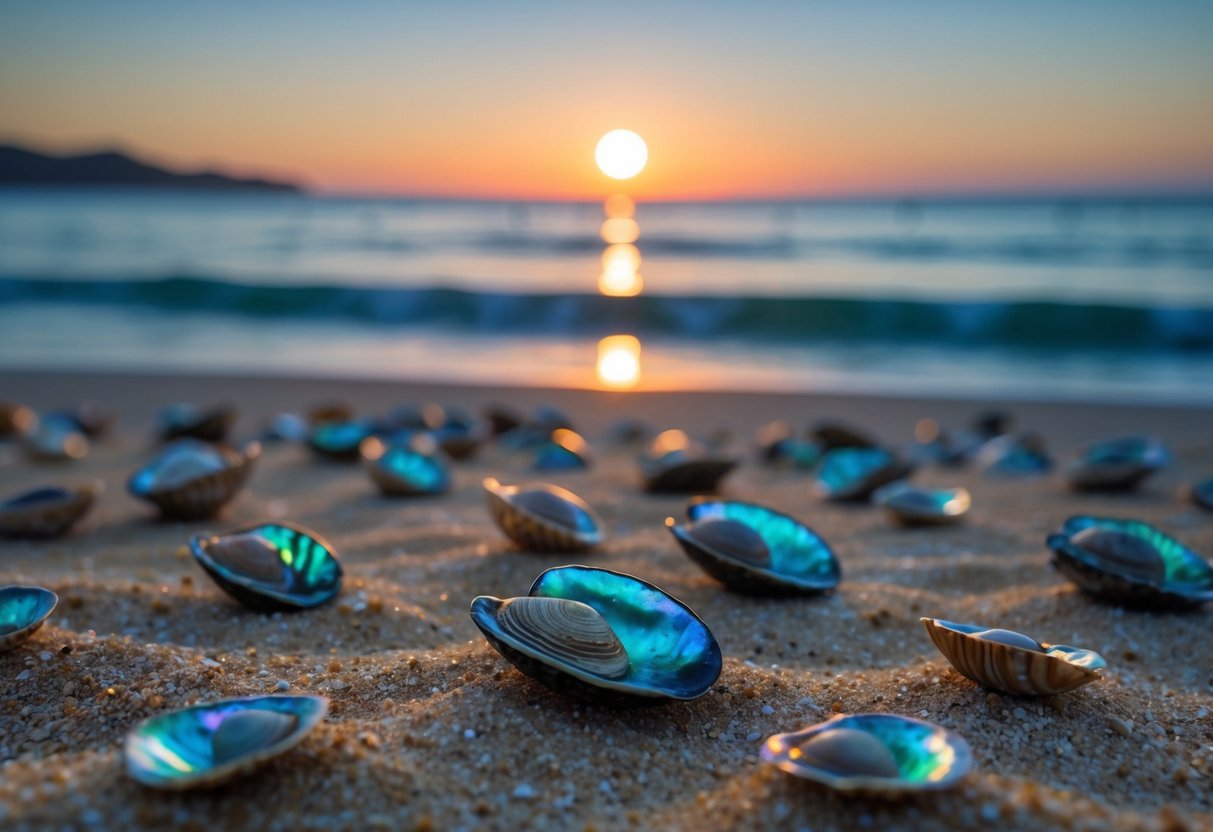 A serene beach at dusk, with a shimmering new moon reflected in the calm ocean, surrounded by colorful abalone shells scattered across the sand