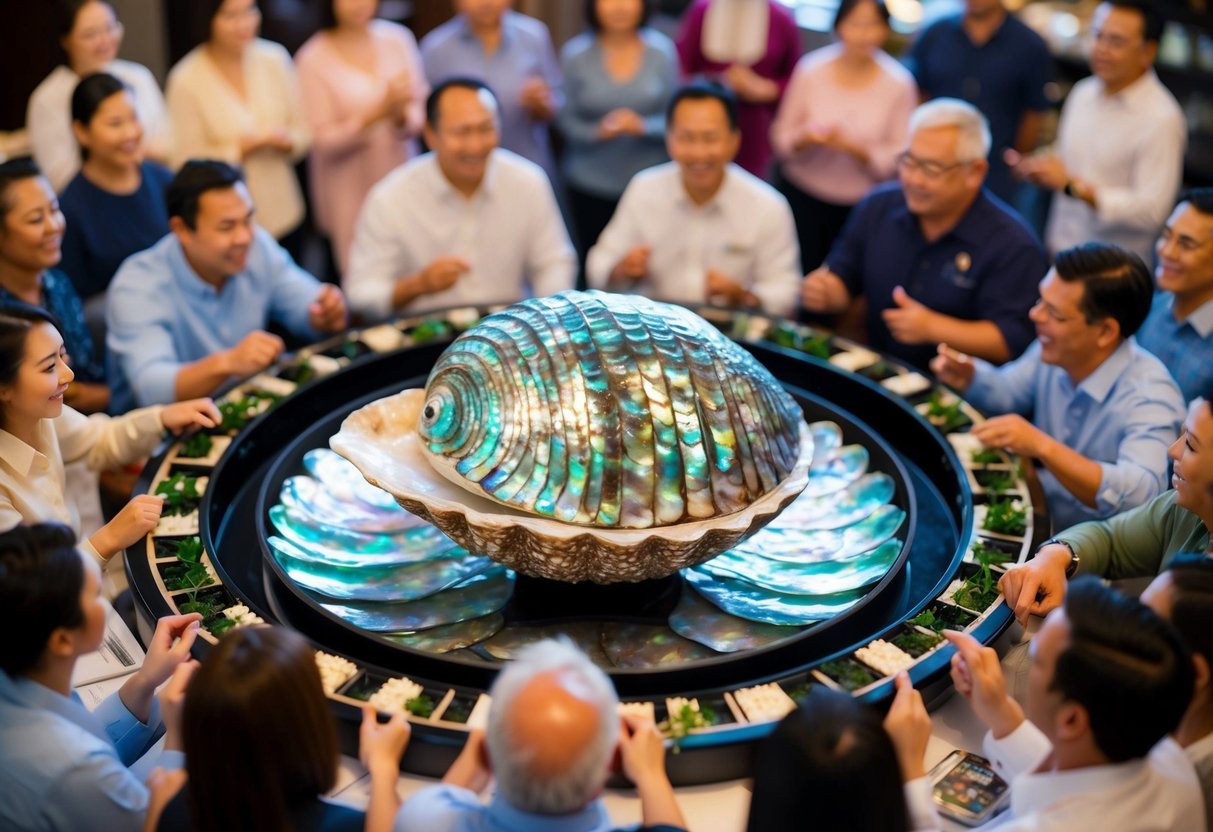 A shimmering abalone shell surrounded by a circle of loyal customers eagerly anticipating the latest promotions from the New Moon Abalone Loyalty Club