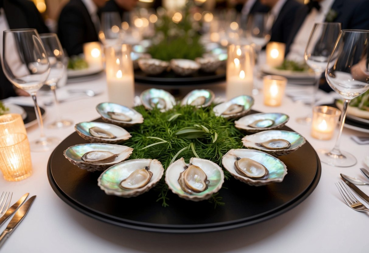 A table adorned with fresh abalone shells, surrounded by elegant decor and soft lighting, awaits guests at an exclusive tasting event