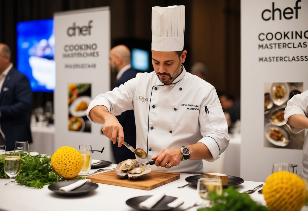A chef expertly prepares abalone amidst promotional decor at a cooking masterclass event