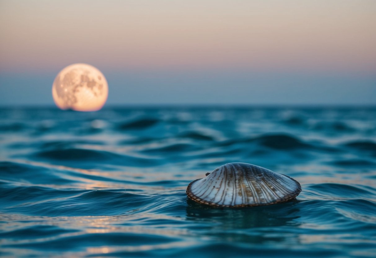 A tranquil ocean scene with a glowing new moon, showcasing the beauty of abalone and the promotion of the Abalone Appreciation Society Membership