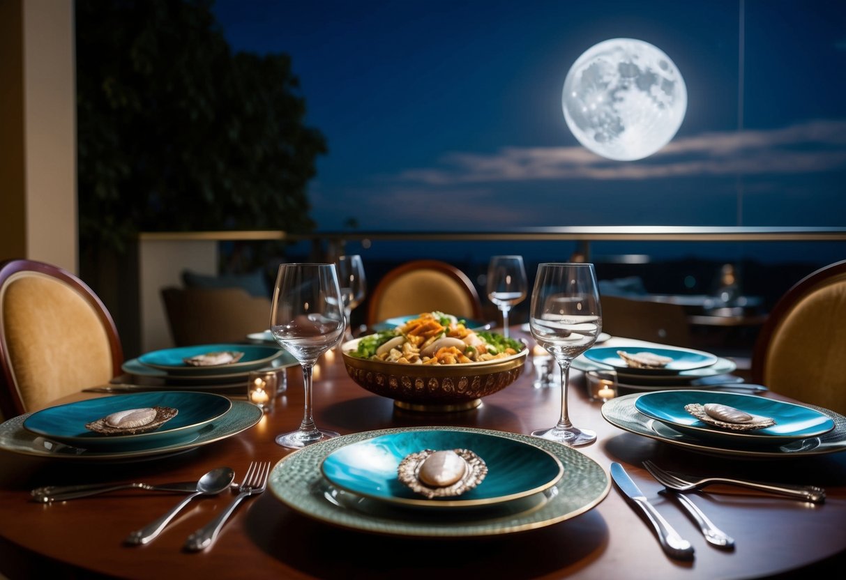 A lavish dining table set with abalone dishes under a new moon