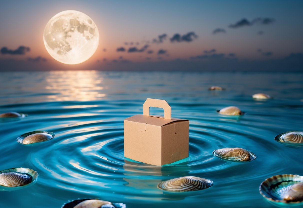 A tranquil ocean scene with a glowing new moon, surrounded by swirling abalone shells and a subscription box floating in the water