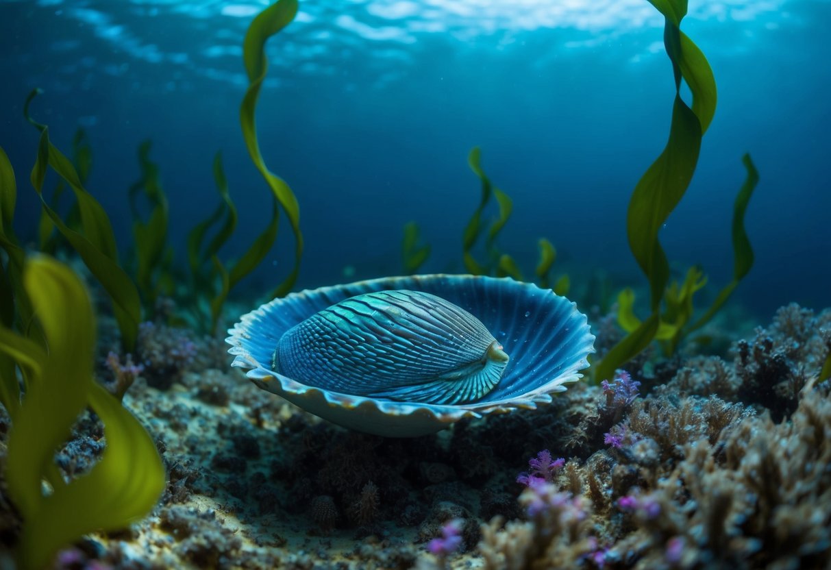 A tranquil underwater scene with a vibrant abalone nestled in a bed of colorful sea plants and surrounded by gently swaying seaweed