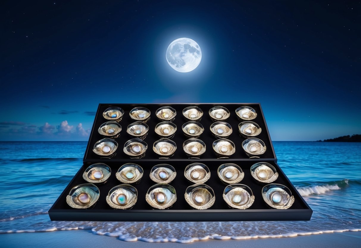 A serene beach at night with a glowing new moon above, showcasing a display of abalone products arranged in an eye-catching promotional setup