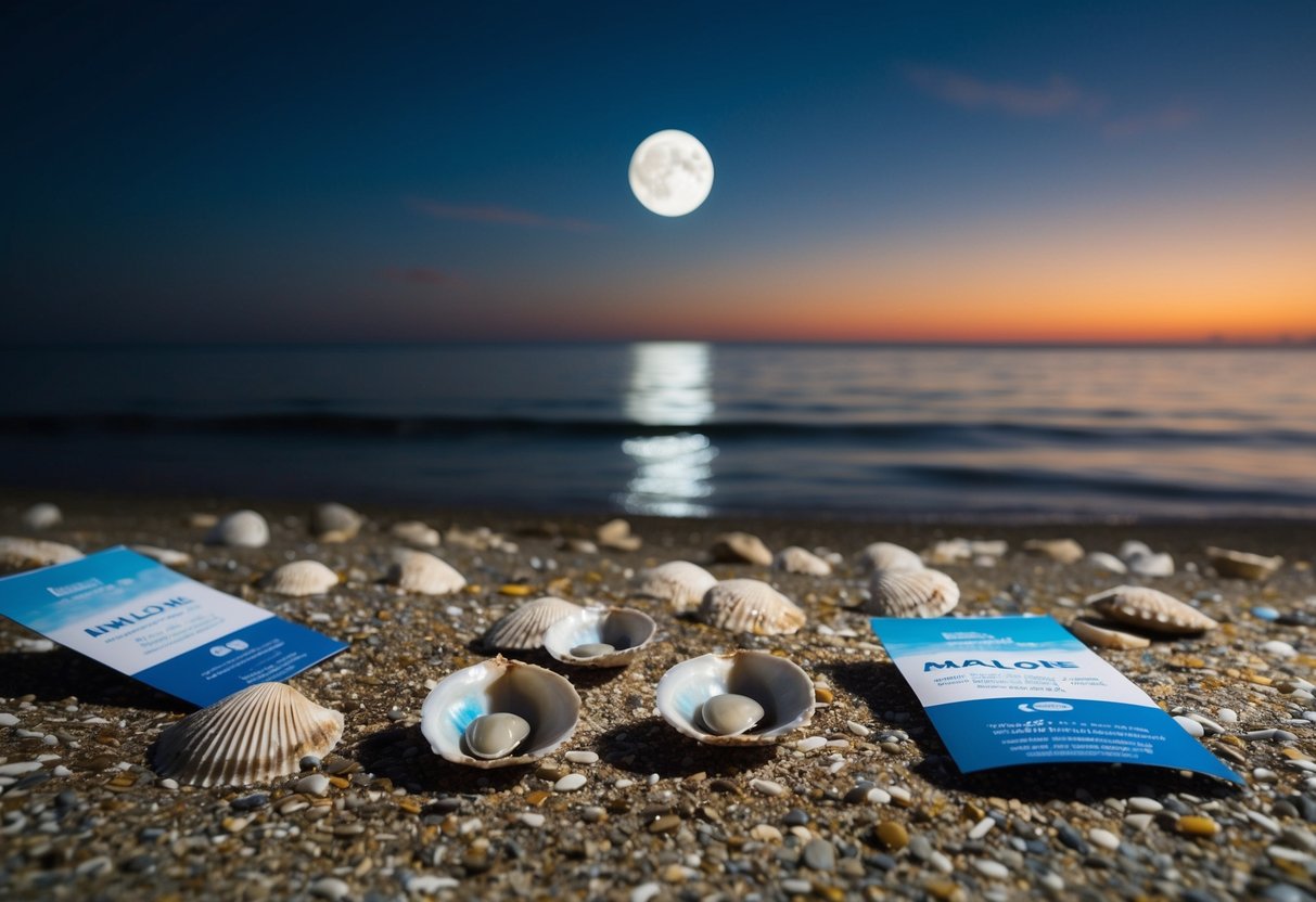 A serene beach at night, with a shimmering new moon reflected on the calm ocean. Abalone shells scattered on the shore, surrounded by promotional materials