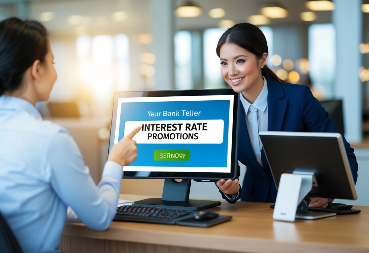 A bank teller presenting interest rate promotions on a digital display to a customer