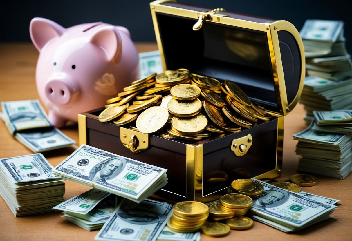 A pile of gold coins overflowing from a treasure chest, surrounded by stacks of dollar bills and a piggy bank bursting with coins
